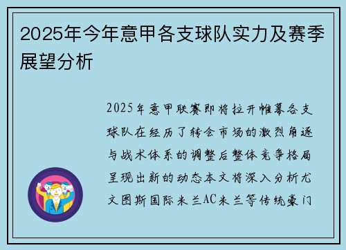 2025年今年意甲各支球队实力及赛季展望分析
