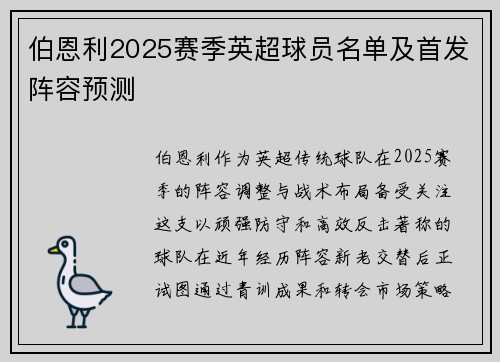 伯恩利2025赛季英超球员名单及首发阵容预测