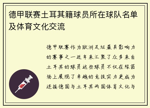 德甲联赛土耳其籍球员所在球队名单及体育文化交流